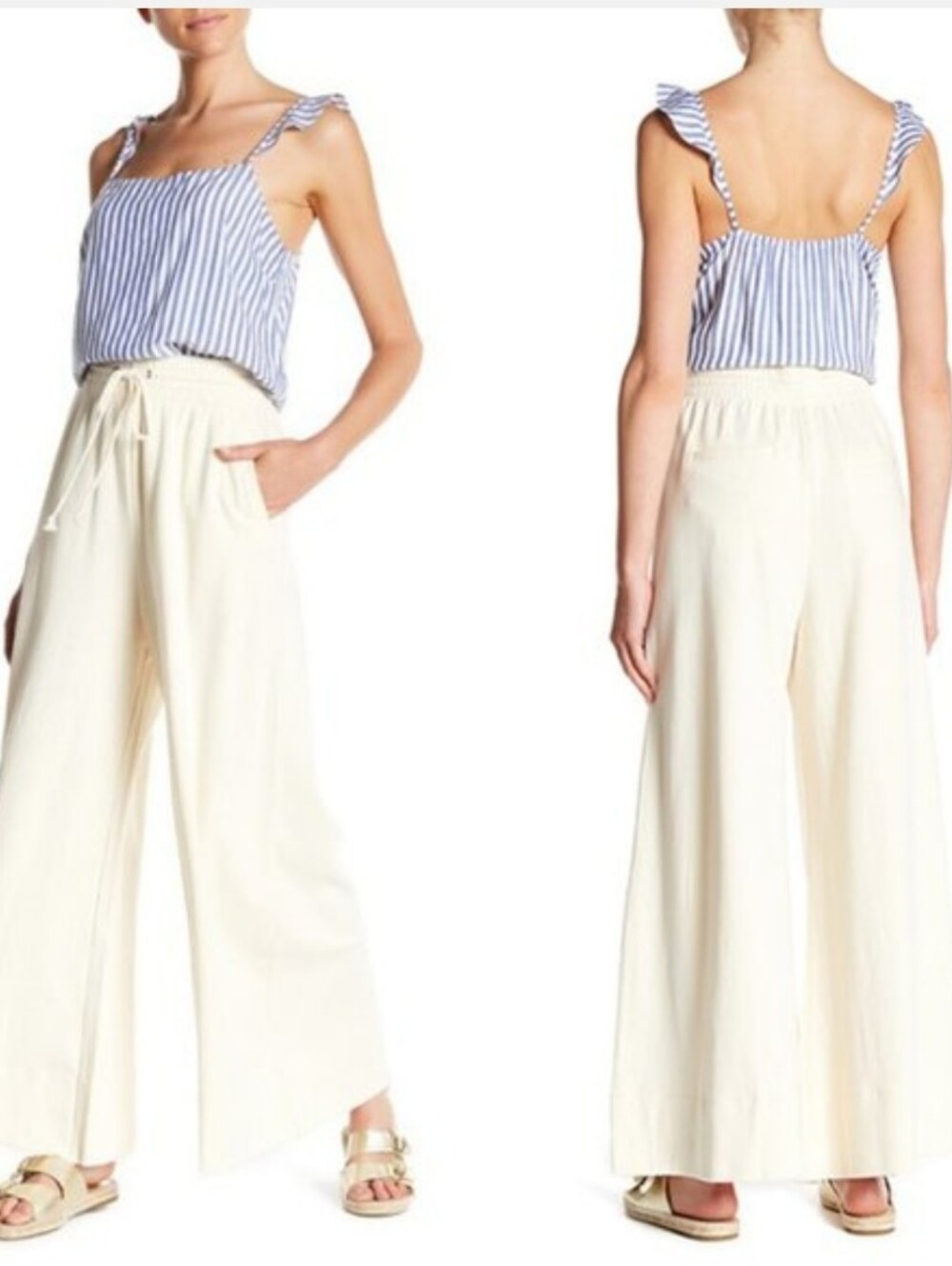Free People Strangelove Wide Leg Pants Cotton Flare Size Large Ivory Drawstring